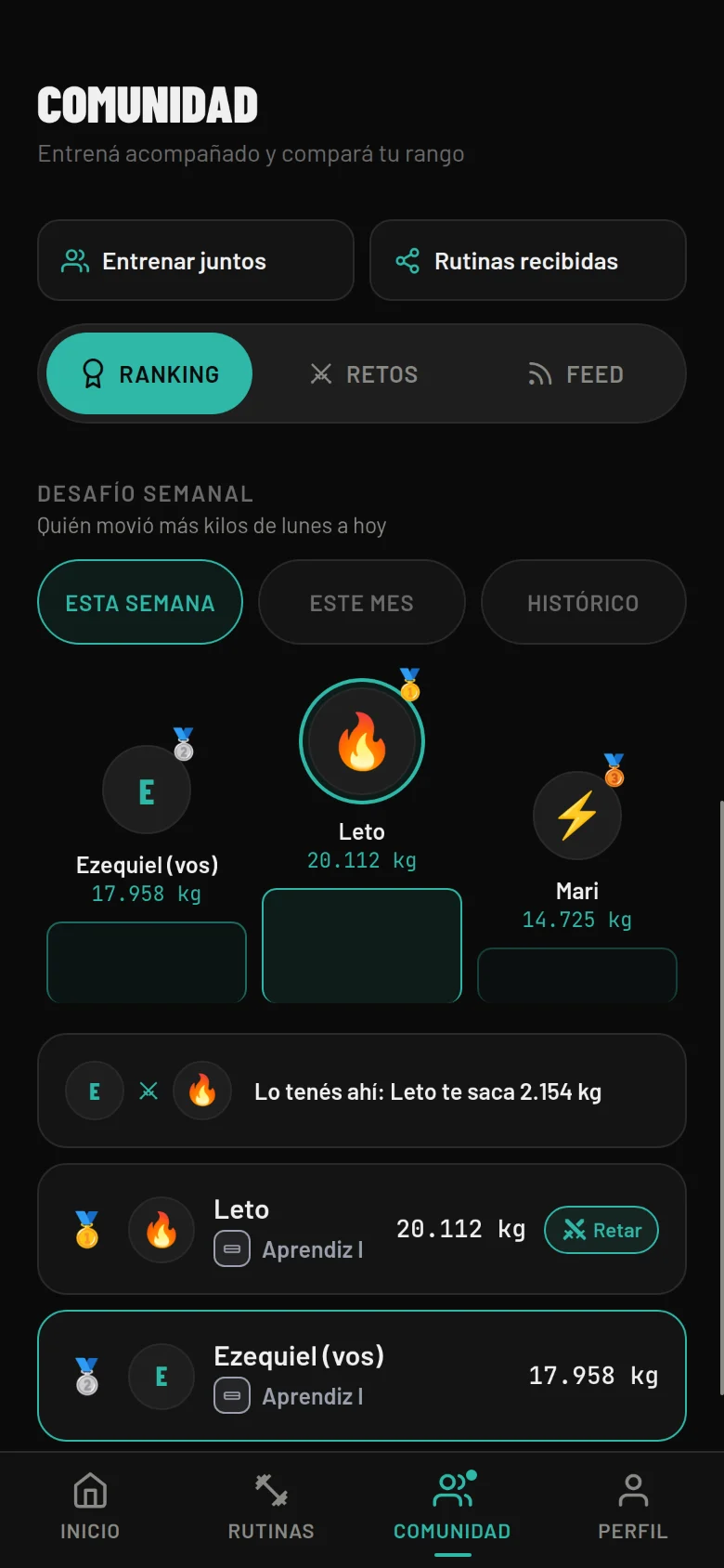 Comunidad: ranking de amigos, retos y feed.