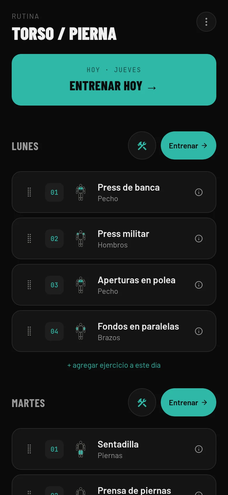 Una rutina semanal: los ejercicios de cada día, con el botón para entrenar hoy.
